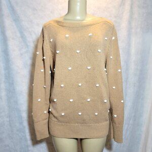 ❄️Ann Taylor Loft Pom Pom Tan White Pom Pom Boatneck Sweater Large